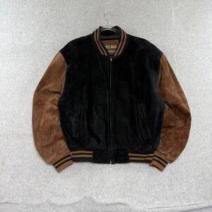 Varsity Vintage Suede Bomber Jacket Mens Medium Black Brown Varsity Vintage